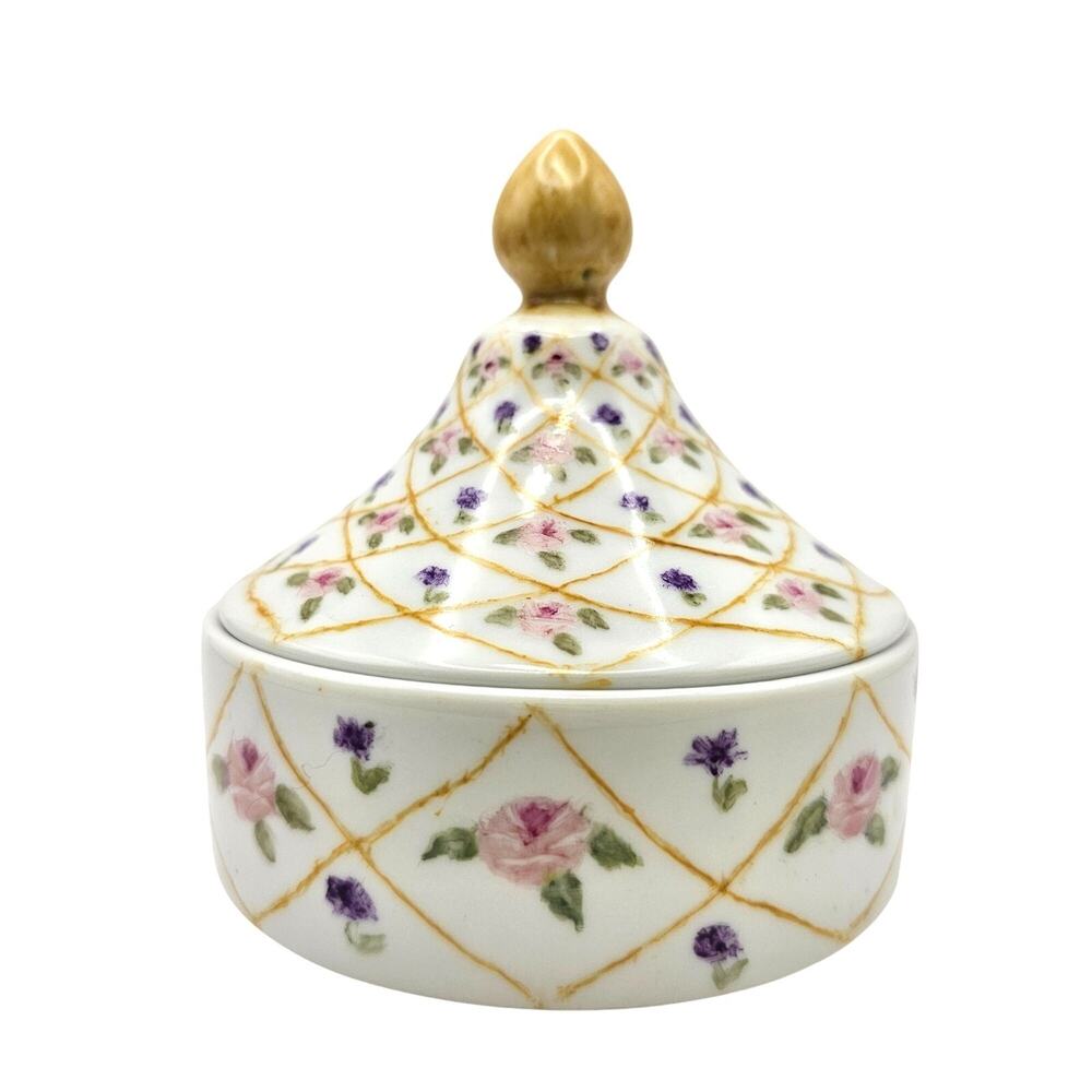 Vintage Hand Painted Floral Porcelain Trinket Box Gold Lattice Grandmillennial